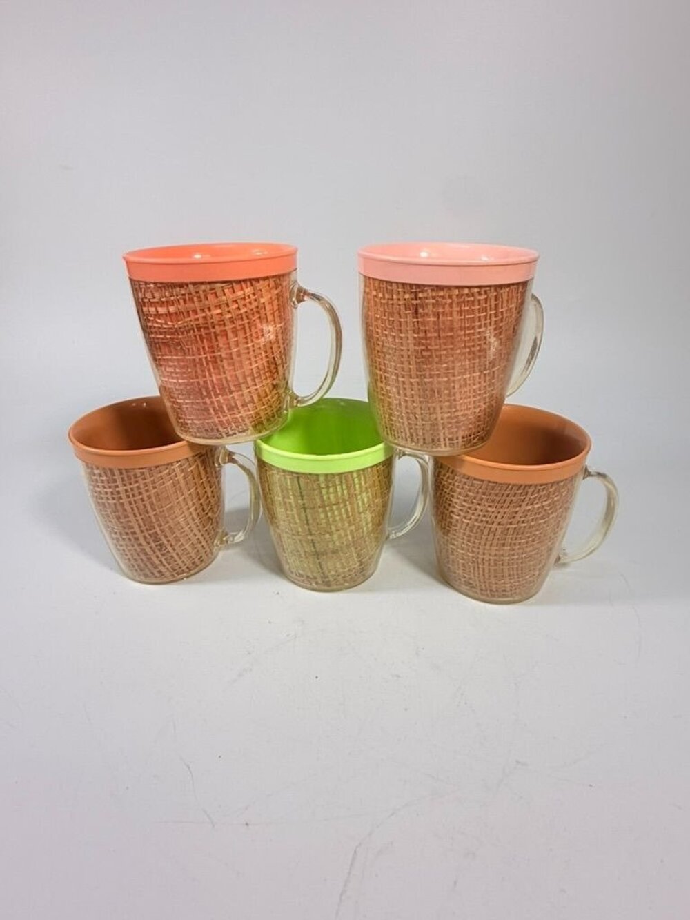 Coffee Mugs Raffiaware Thermal Insulated Melmac Burlap 3.5” Pastels MCM Set of 5 - Picture 2 of 13